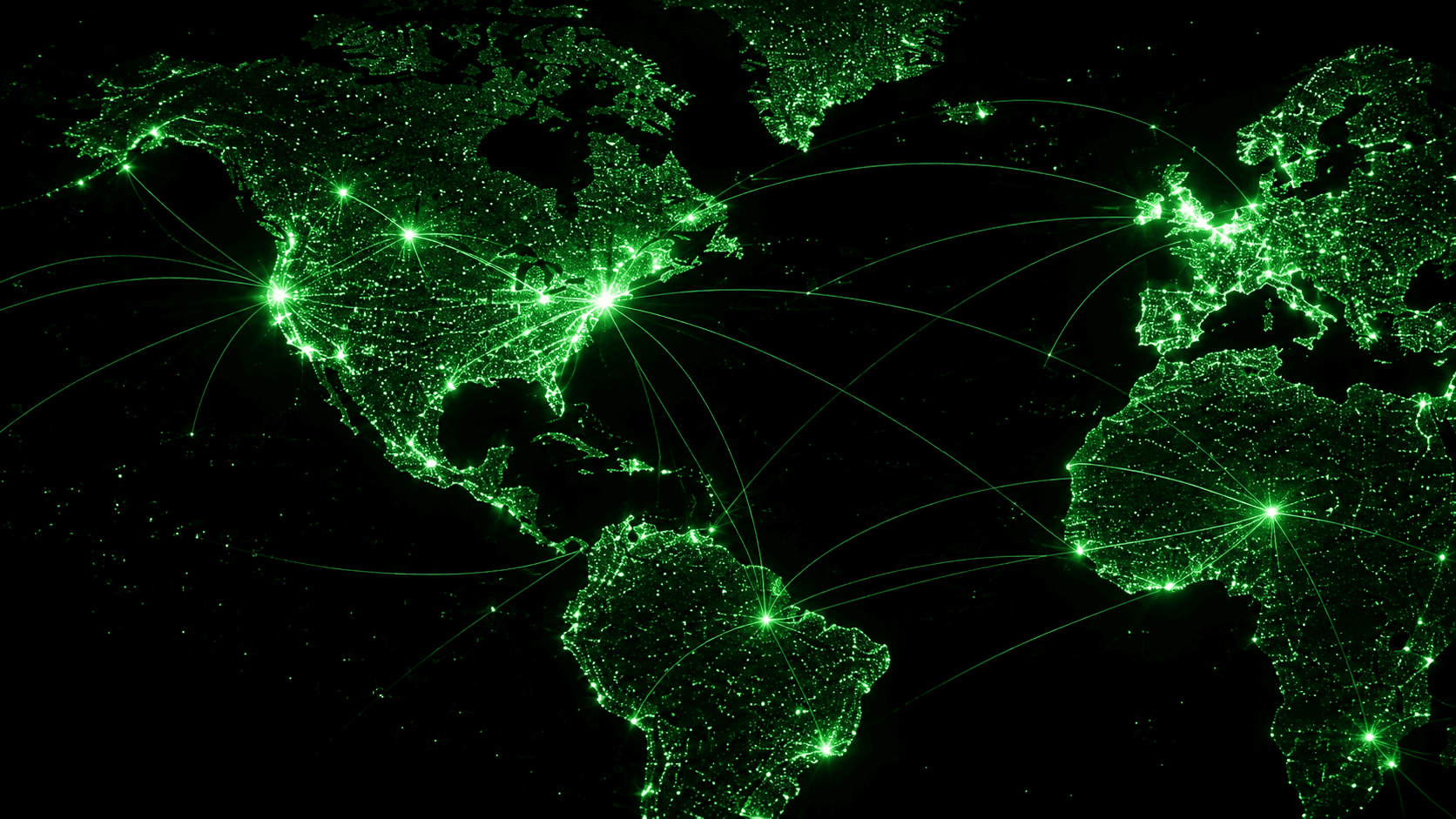 Global network of connected operations lit up across a world map
