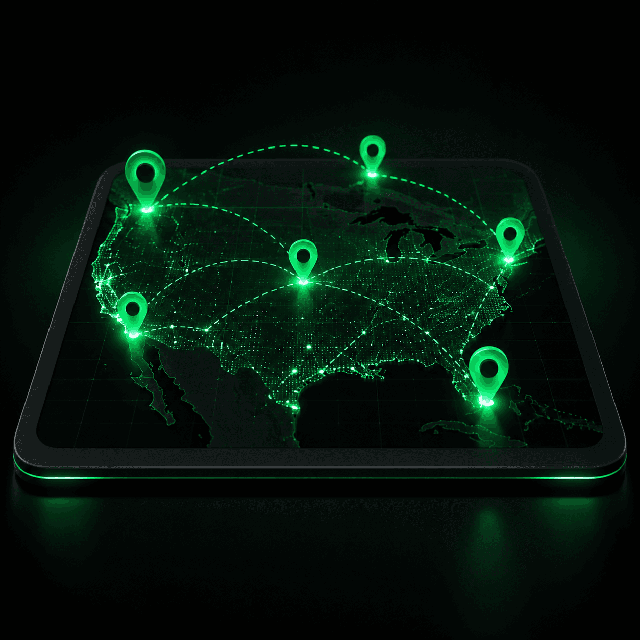 Map with location pins connected across multiple sites
