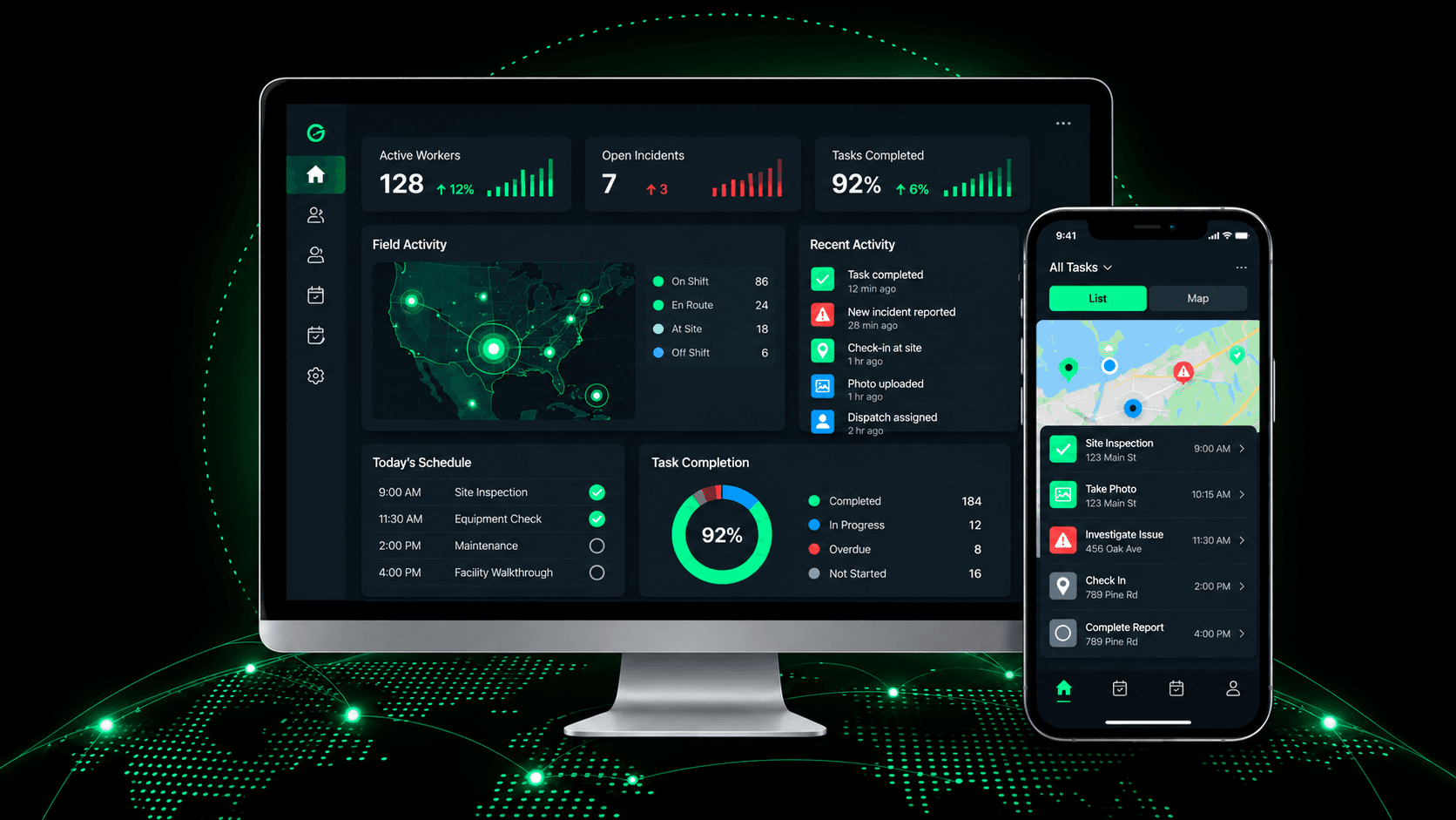 Operations dashboard on desktop and mobile showing field activity, tasks, and incidents