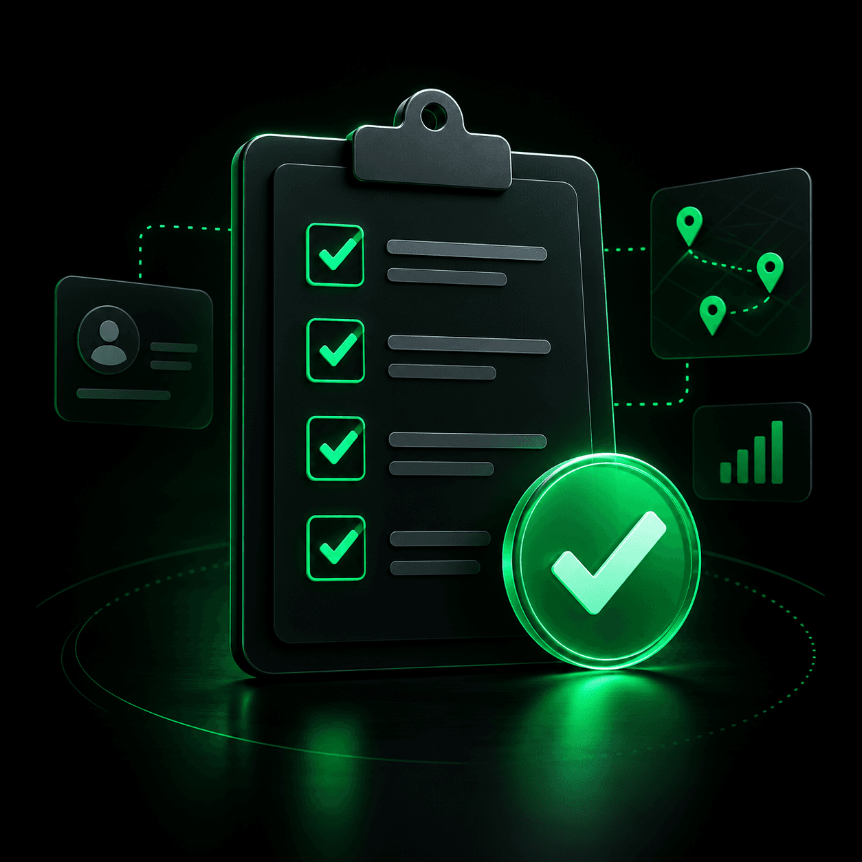 Checklist with completed tasks and a verification checkmark